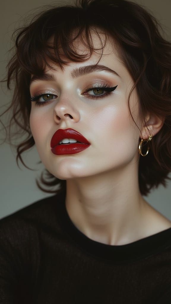 Glamorous Portrait of Woman with Bob and Bold Makeup