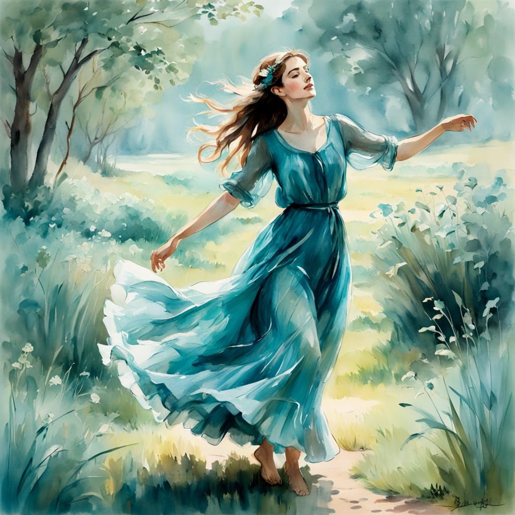 Woman Dancing in Field: Impressionist Watercolor Painting