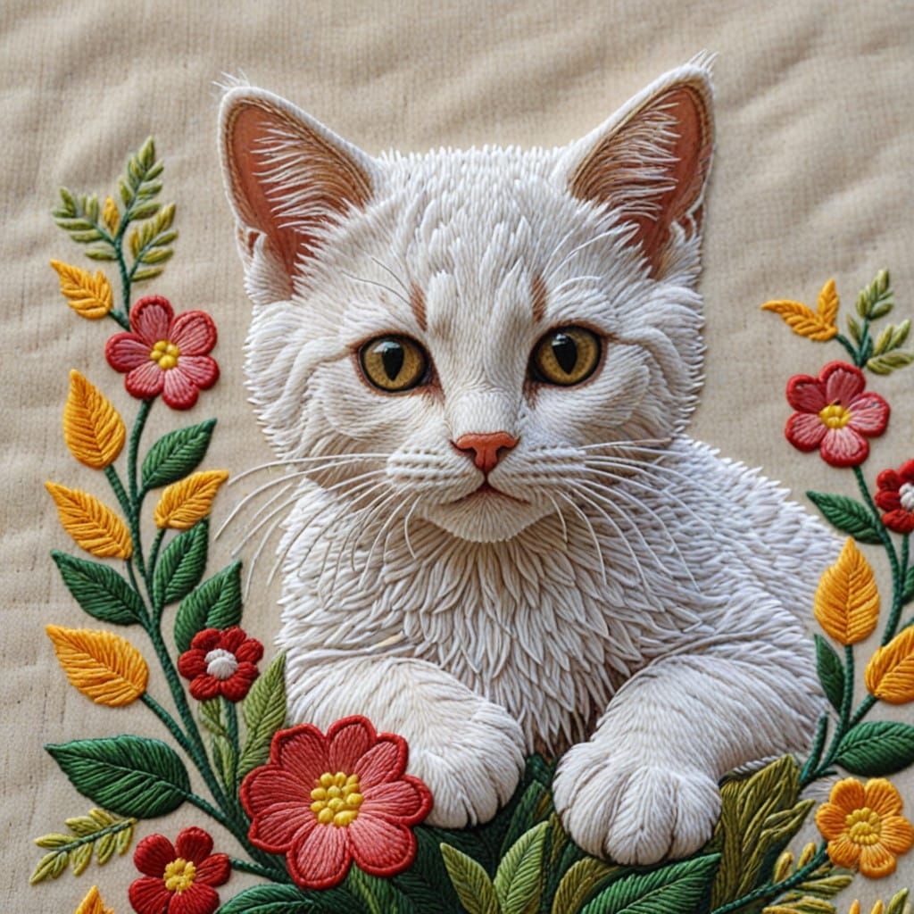 Whimsical Kitten Embroidery in Vibrant Colors