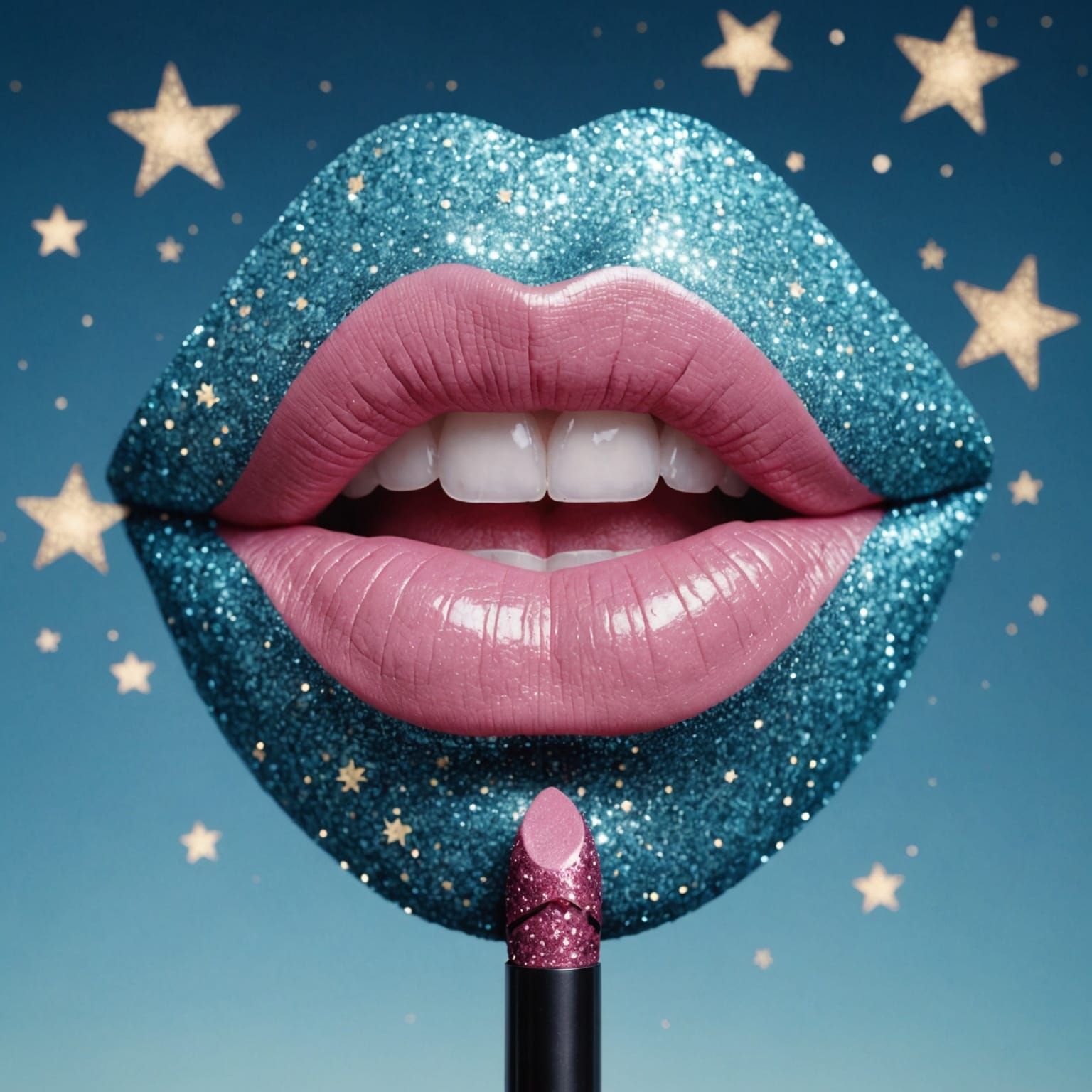 Glittery Pink Lips Kiss with Vintage Starry Sky