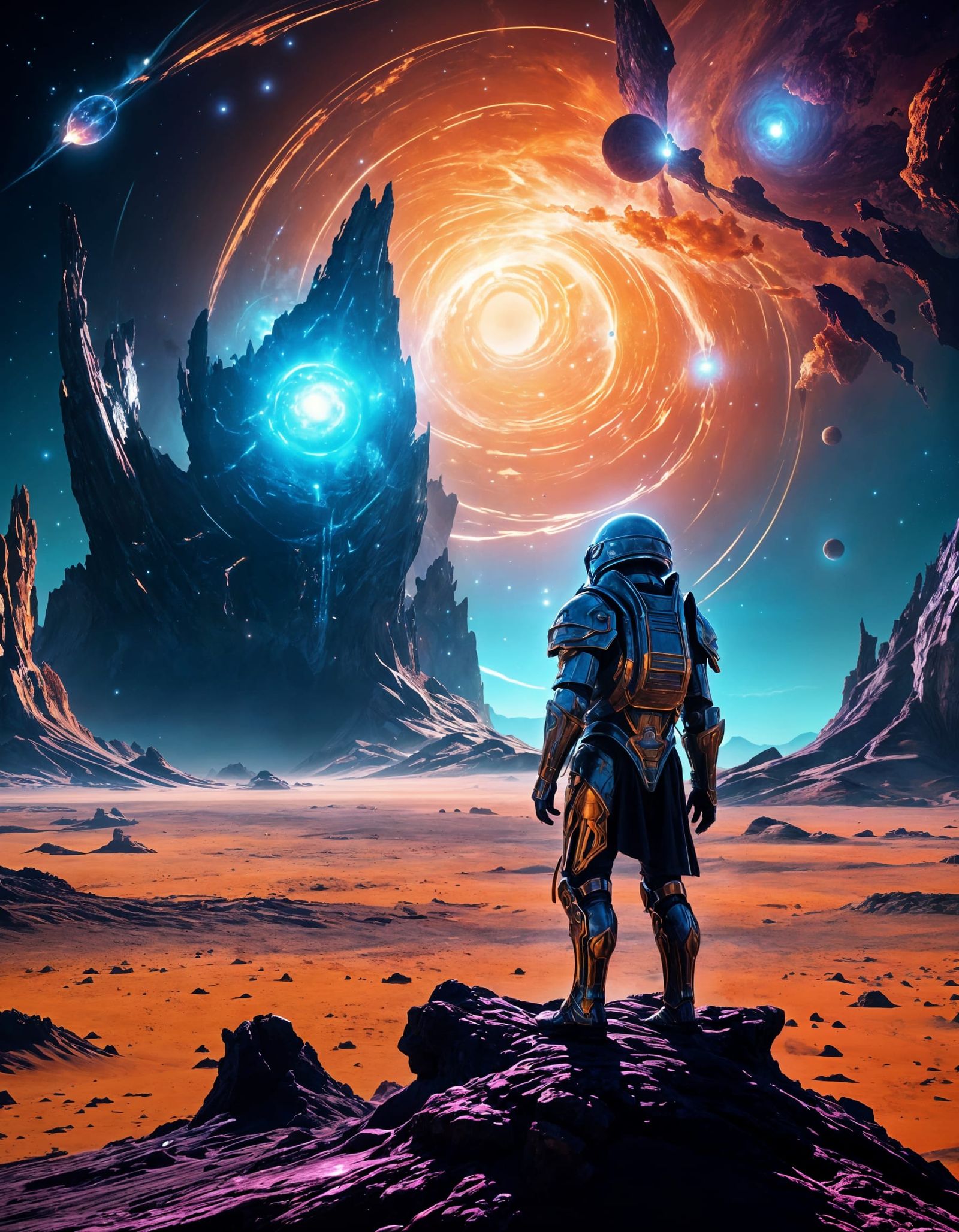 Lone Knight on Alien Planet Gazing at Cosmic Anomaly