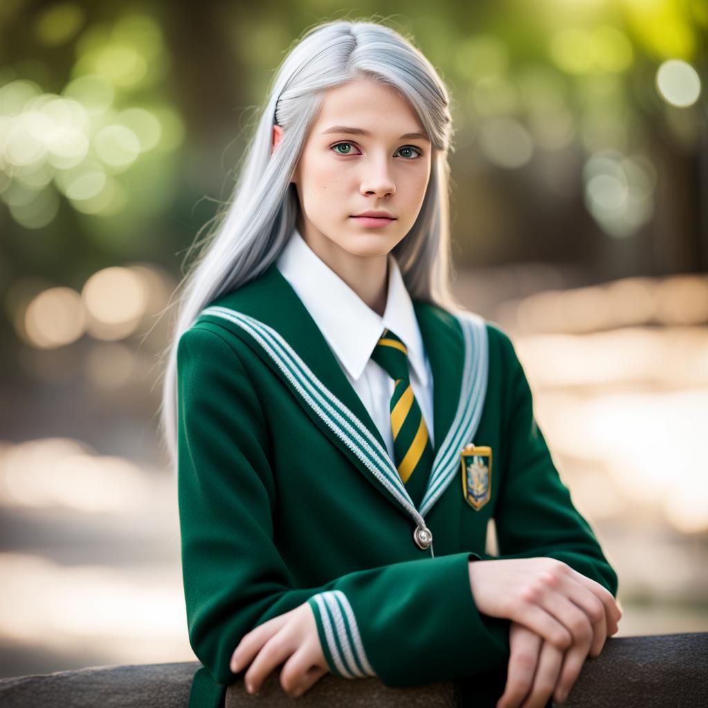 1970s Hogwarts Uniform on Silver-Blonde Teen
