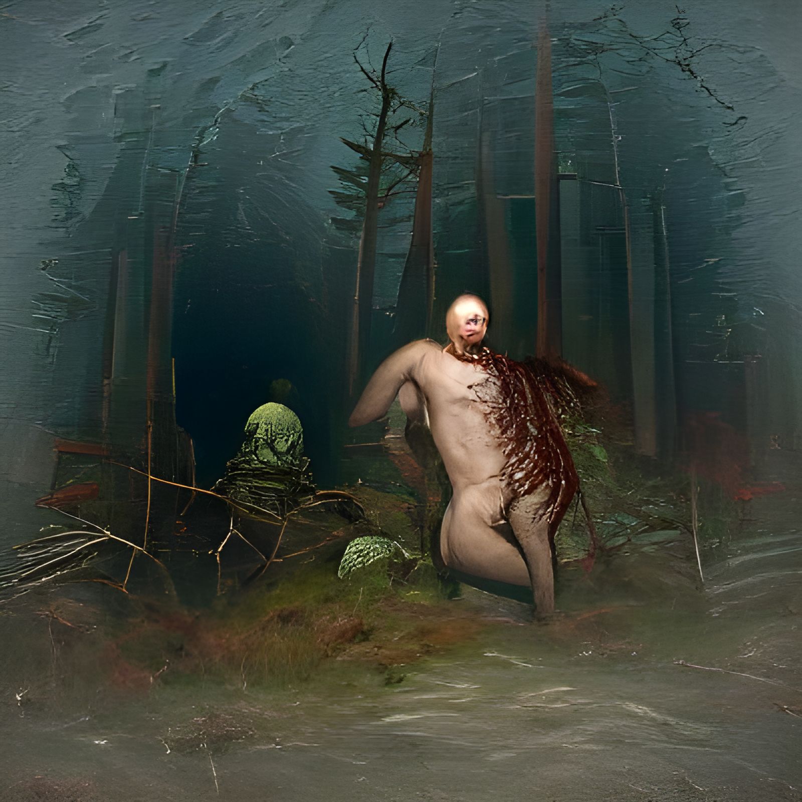 Starved Figure Alone in Dark Woods