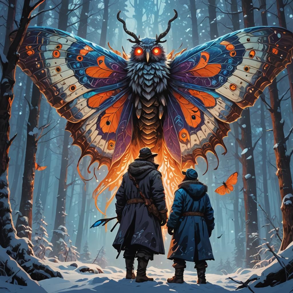 Hunter and Giant Moth in Siberian Forest