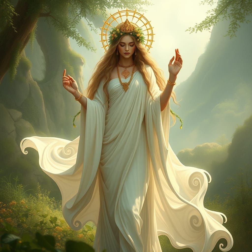 Mother Goddess in Serene Landscape, Art Nouveau Style