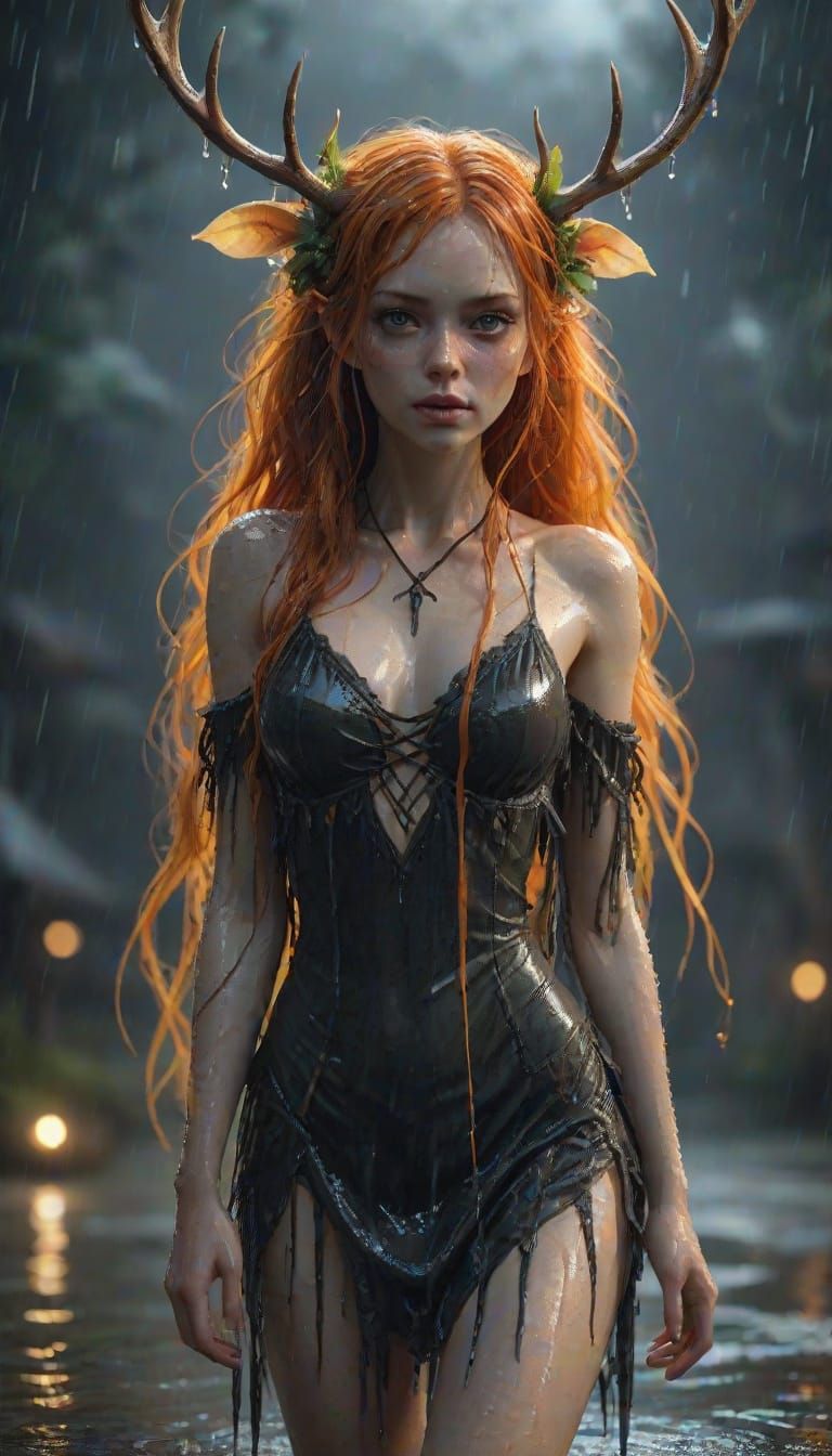 Ethereal Pixie in a Rainy Dreamscape