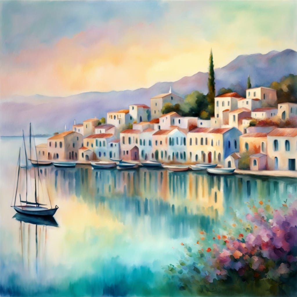 Elegant Greek Village Scene in Dreamy Watercolor Style