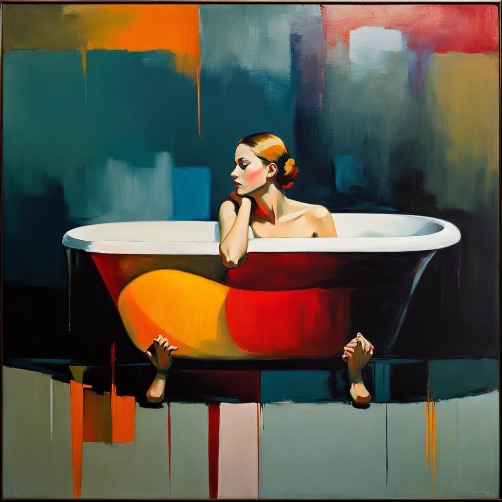 Emotional Woman in Bathtub: Oil on Canvas