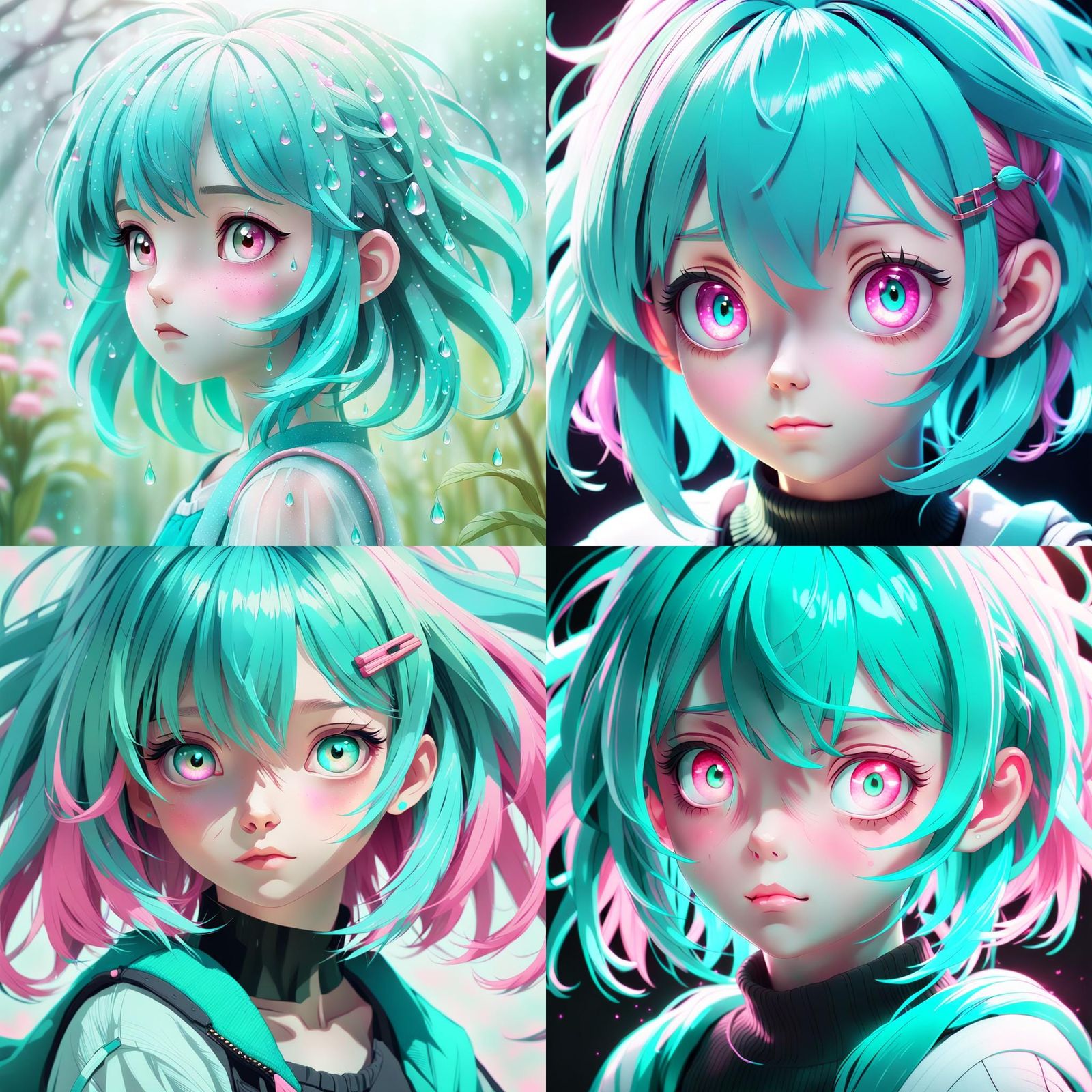 Anime Style Girl with Turquoise Hair and Pink Eyes