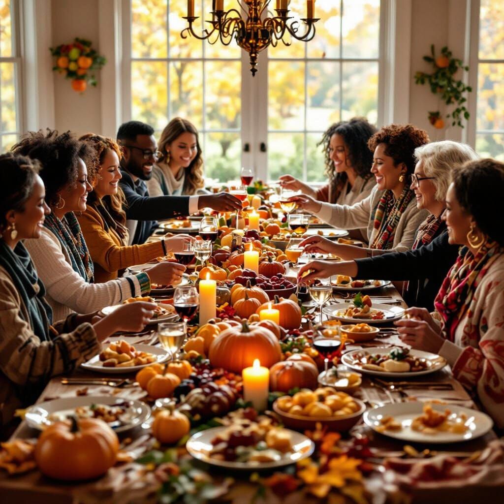 Elegant Thanksgiving Harvest Gathering of Diverse Nationalit...