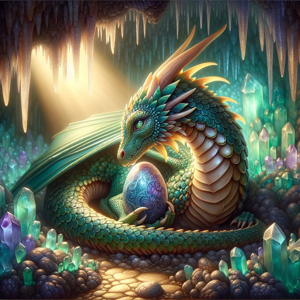 Emerald Dragon Protecting Egg in Crystal Cave
