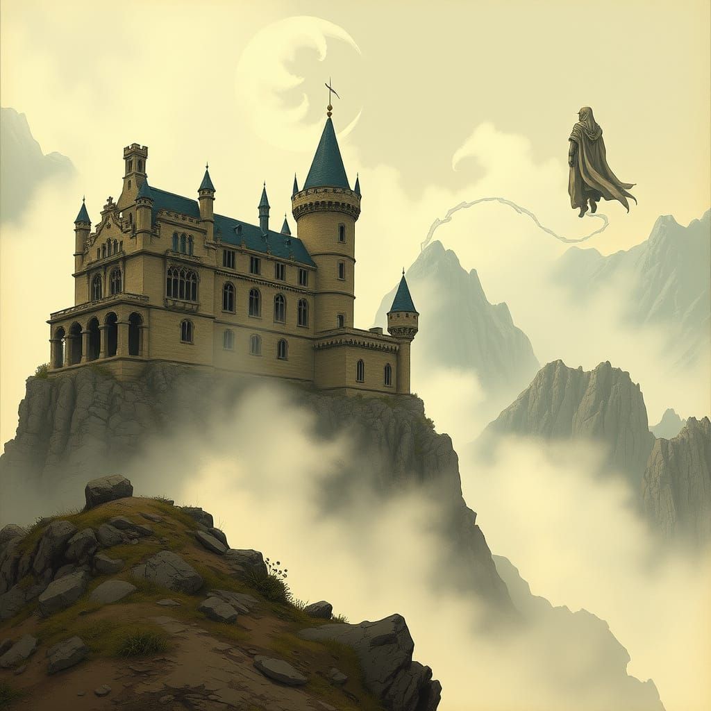Ancient Castle on Misty Peak with Spectral Figure