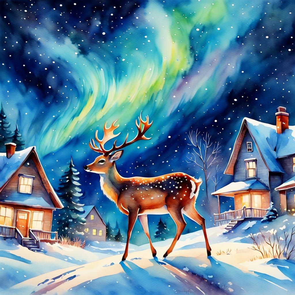 Whimsical Watercolor Deer Flying Over Winter Houses