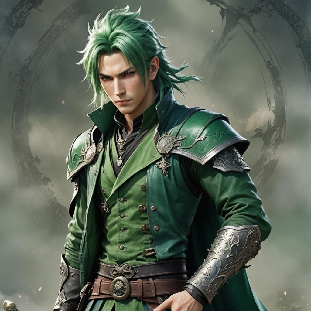 Realistic Final Fantasy Fighter Mage with Green Hair
