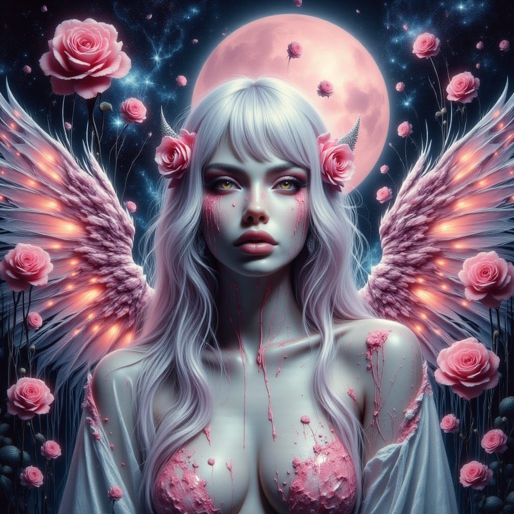 Pastel Goth Entity with Strawberry Moon: Hyperrealism