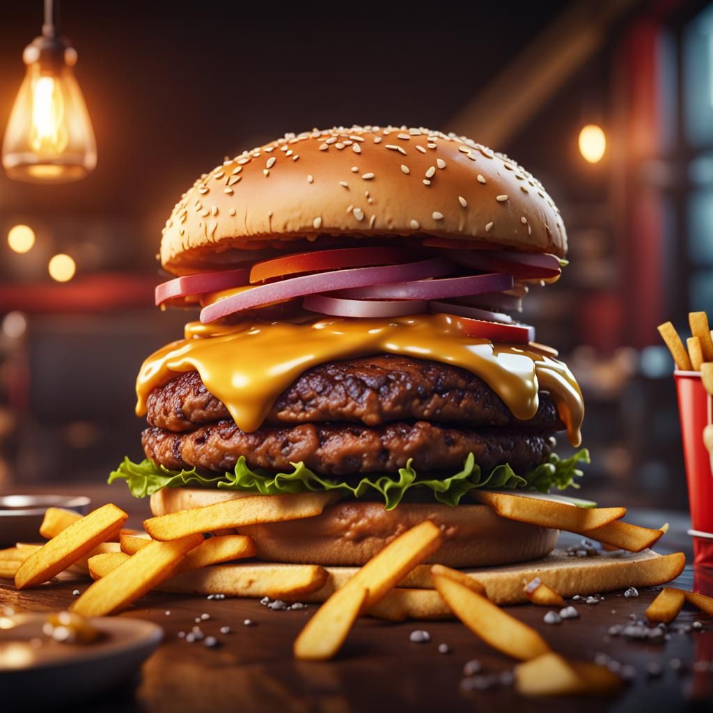 Delicious burger with fries