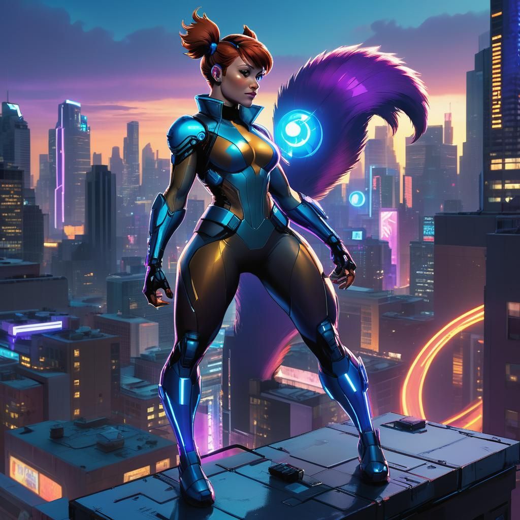 Futuristic Squirrel Girl in Cyberpunk Cityscape