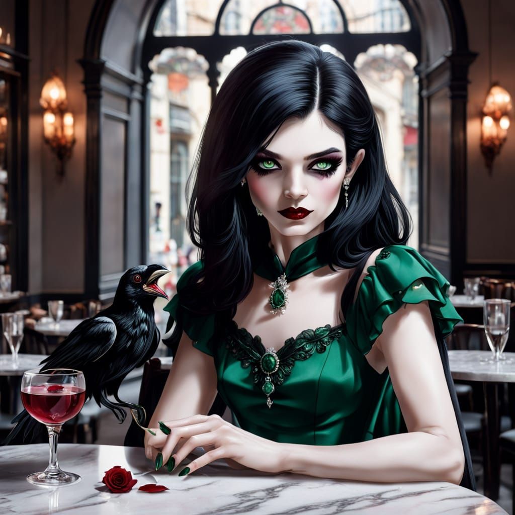 Elegant Vampire Sips Blood in Upscale Café