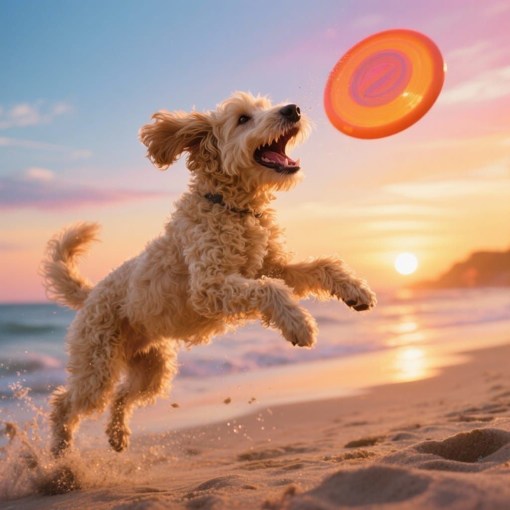 Goldendoodle Leaping for Frisbee on Beach at Sunset