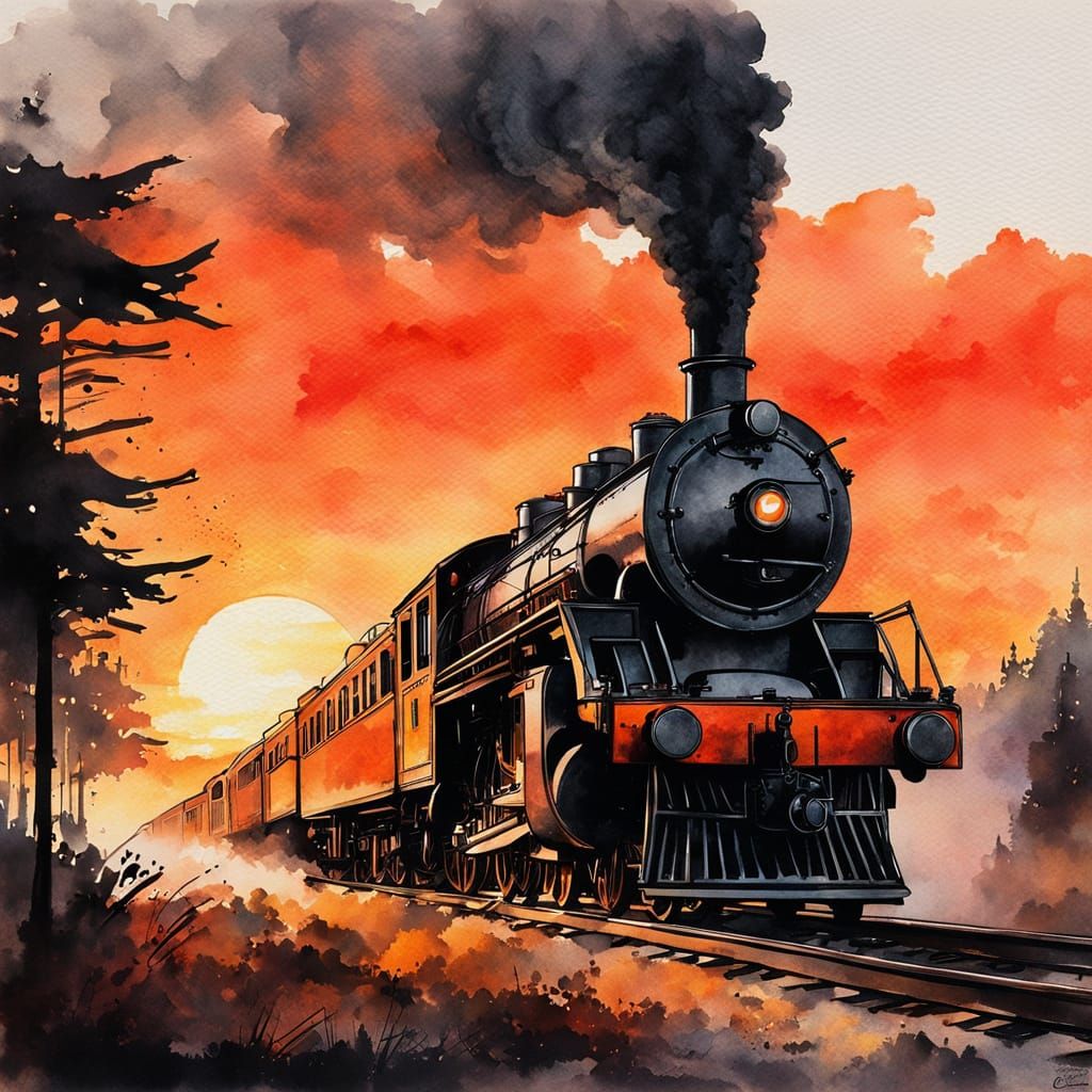 Vintage Steam Train Silhouetted at Sunset in Watercolor Styl...