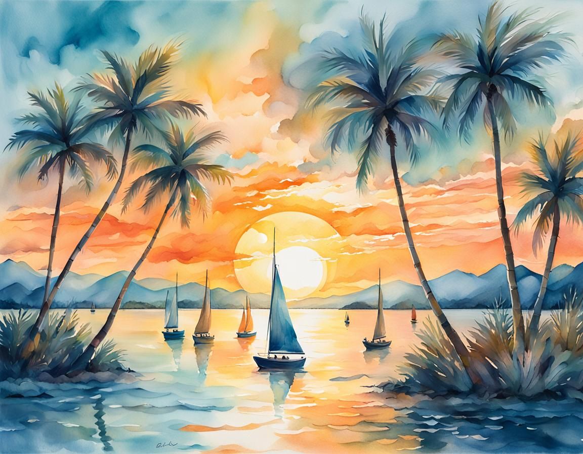 Sunset Over Ocean Gouache Painting in Watercolor Style