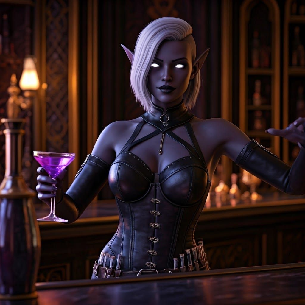 Dark Elf Bartender Mixing Drink in Fantasy Tavern