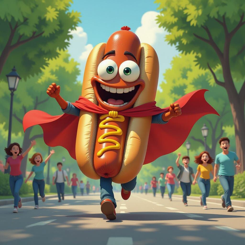 Giant Hotdog Runs Rampant: Cartoon Chaos in the Park