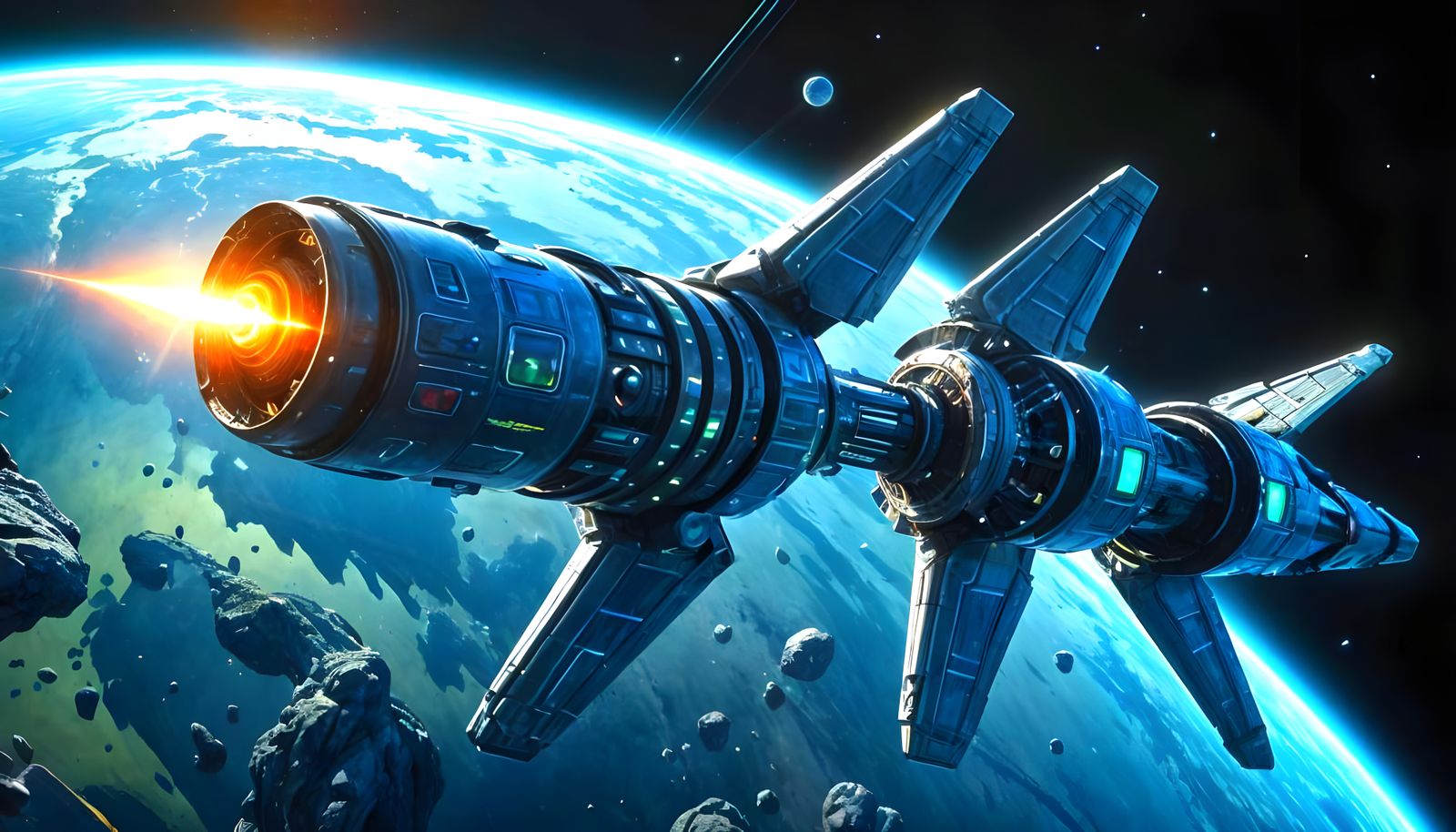 A nuclear-powered spacecraft with plasma rocket propulsion.