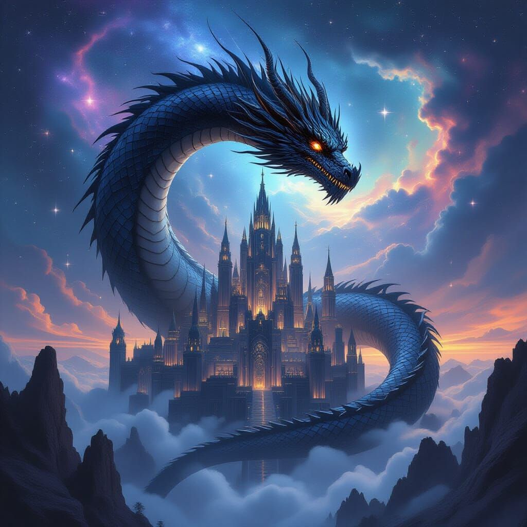 Obsidian Dragon Coiled Around Crystalline City