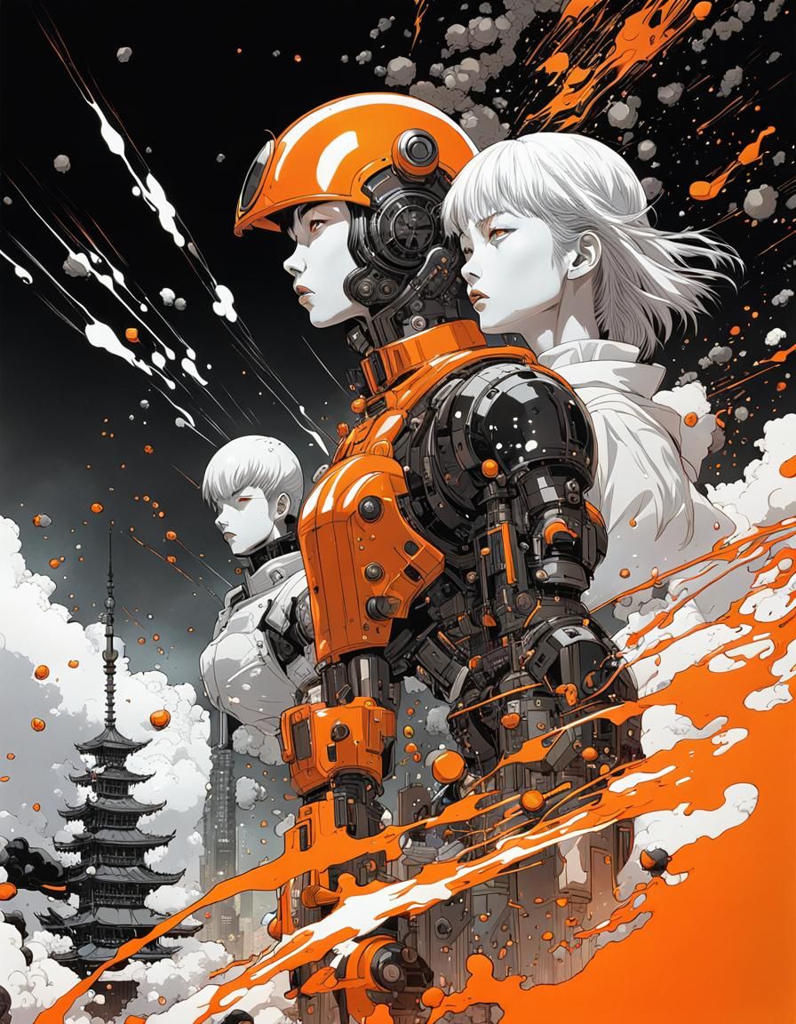 Cyborg and Girl Illustration in Manga Style