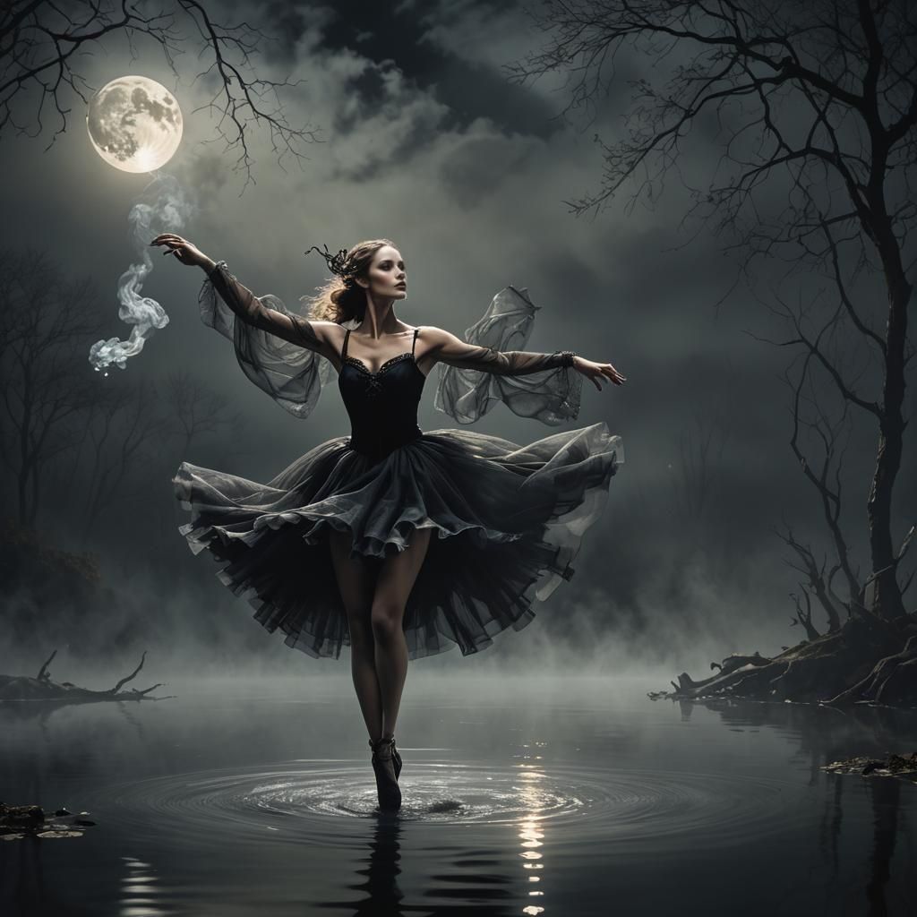 Enchanted Tiefling Ballet Dancer on Misty Lake