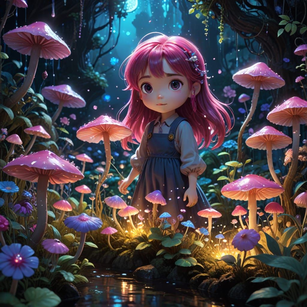 Chibi Girl Tends Magical Garden With Bioluminescent Fungi