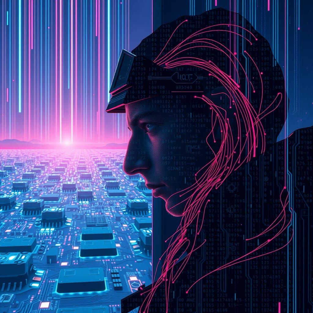Cyberpunk Hacker Immersed in Virtual Reality