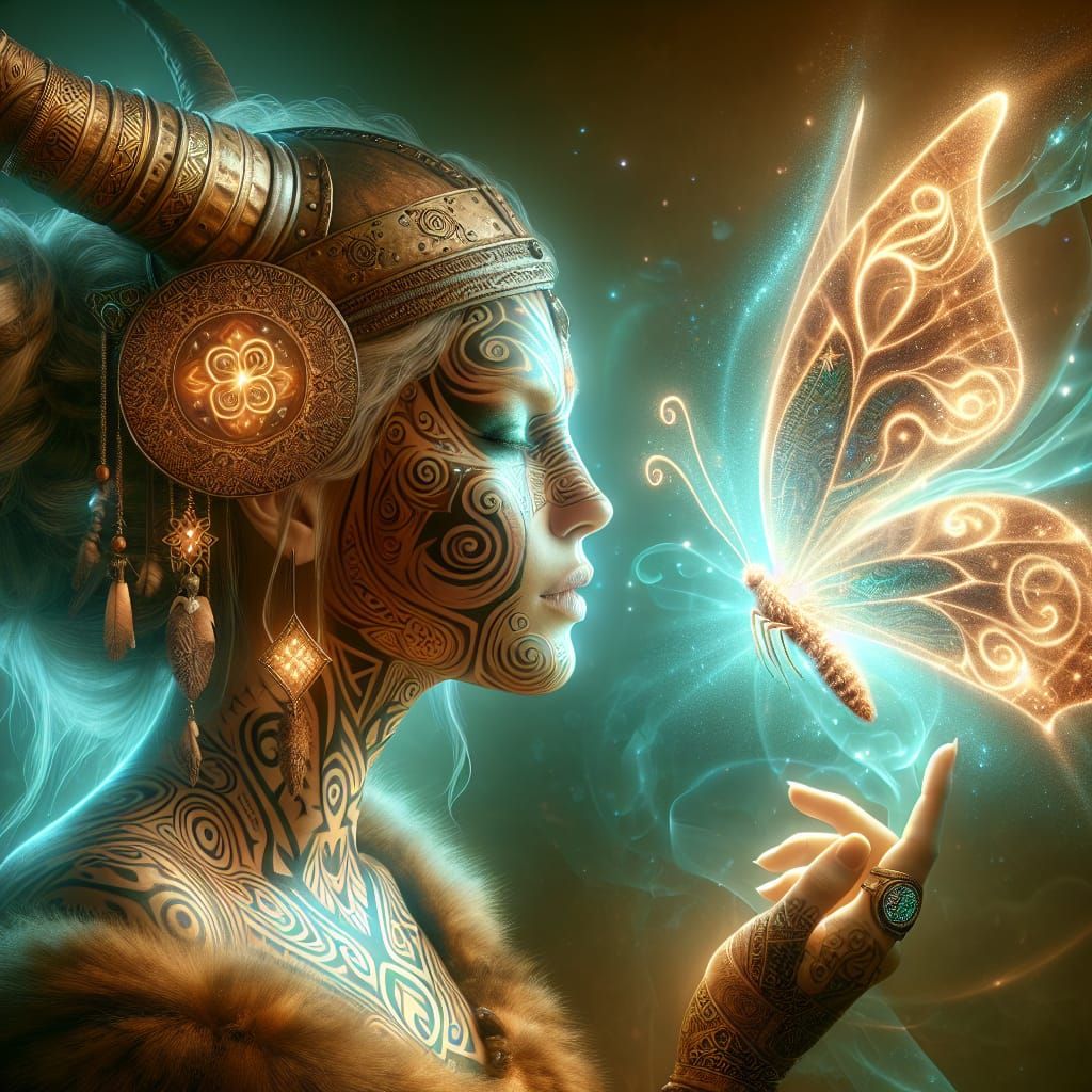 Viking Woman with Face Tattoo and Butterfly