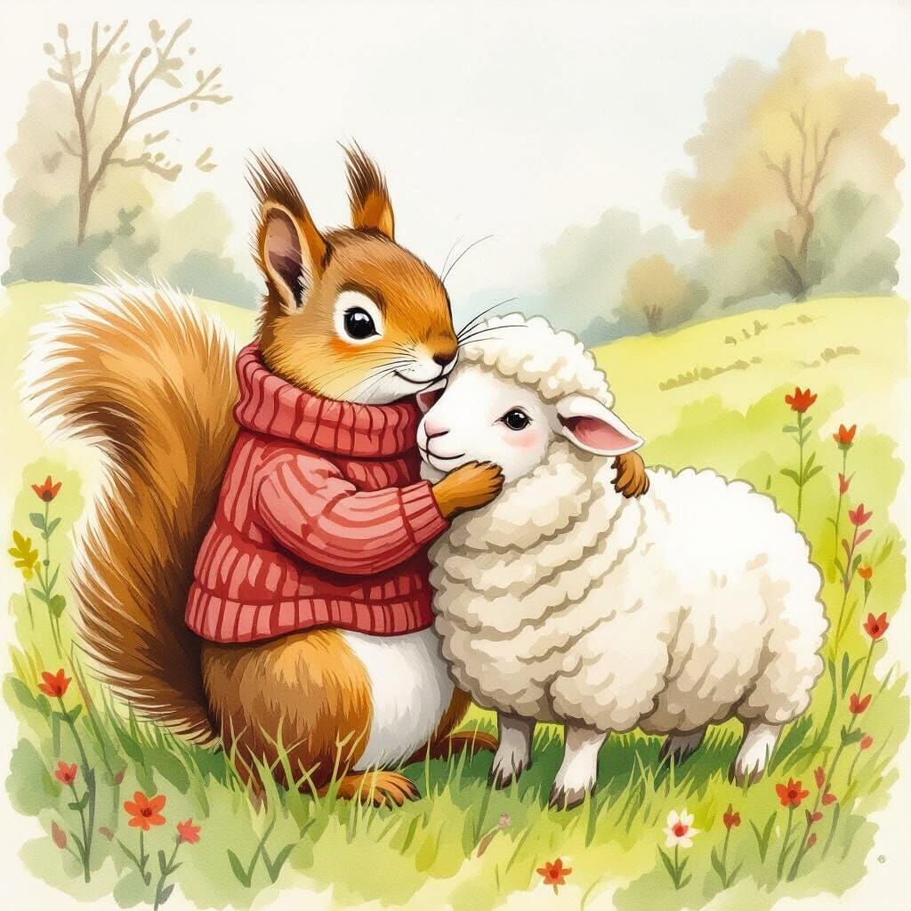 Squirrel and Sheep Cuddle in Meadow, Watercolor Style