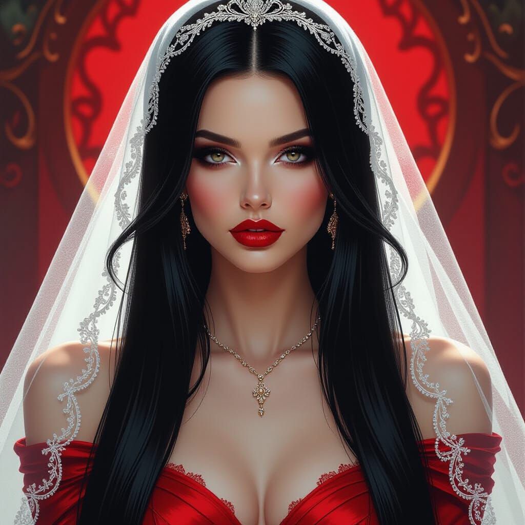 Digital Oil Painting of Woman in Red Dress and White Veil