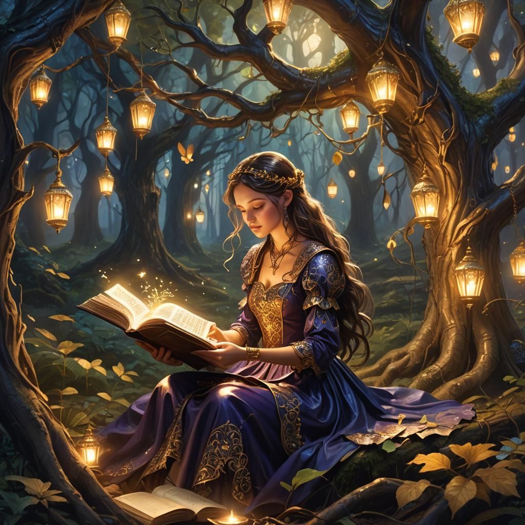 Girl Opens Magic Book in Mystical Forest