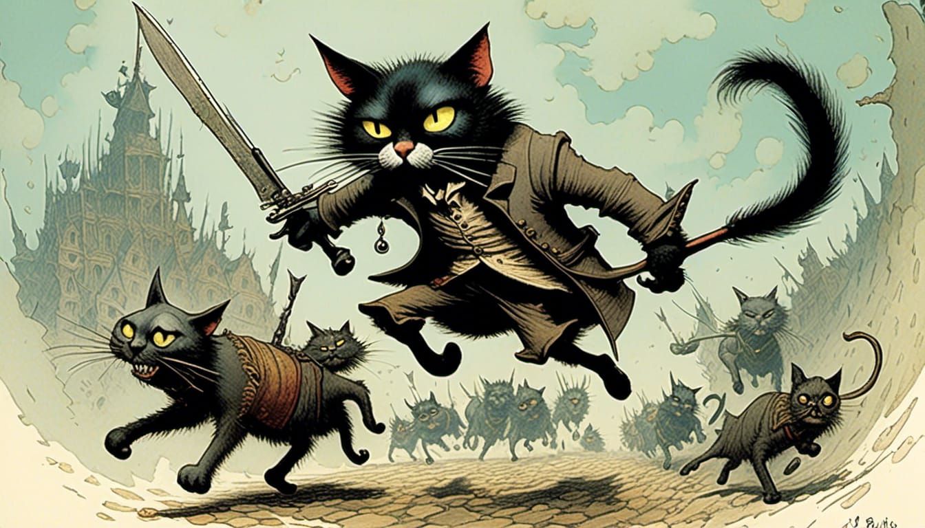 Assassin Cat Jumps on Mercenary, Dark Fantasy Style