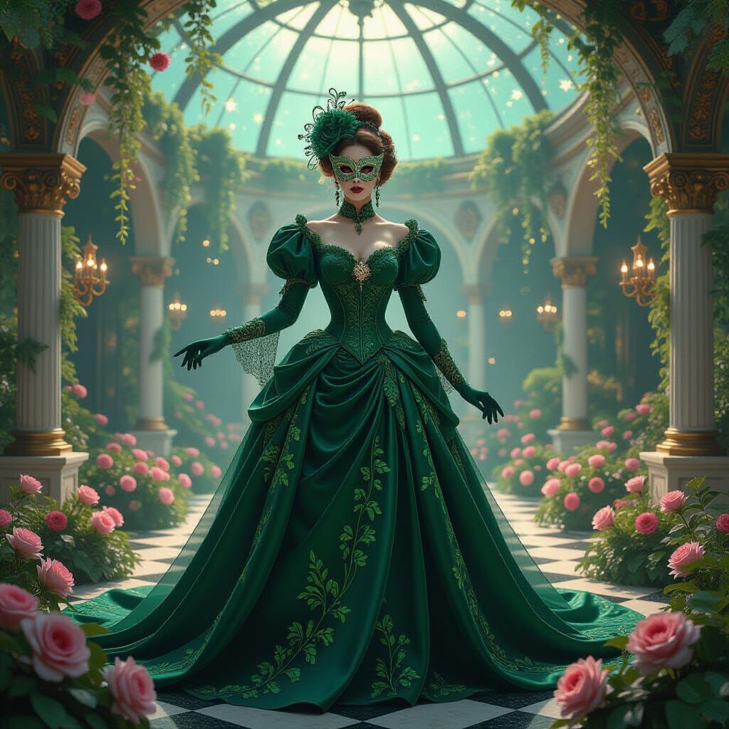 Victorian Lady in Emerald Gown at Cosmic Masquerade