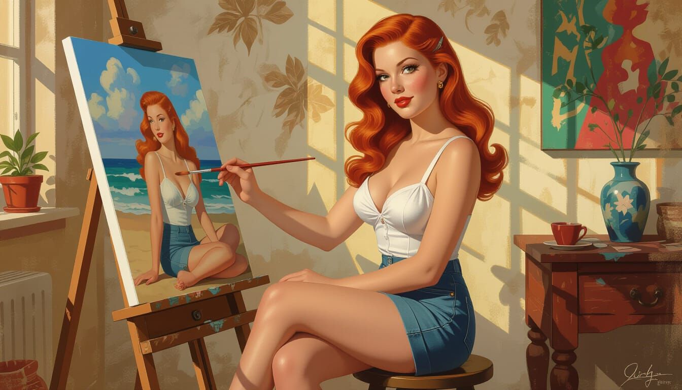 Redhead Artist Paints Canvas in Pinup Style