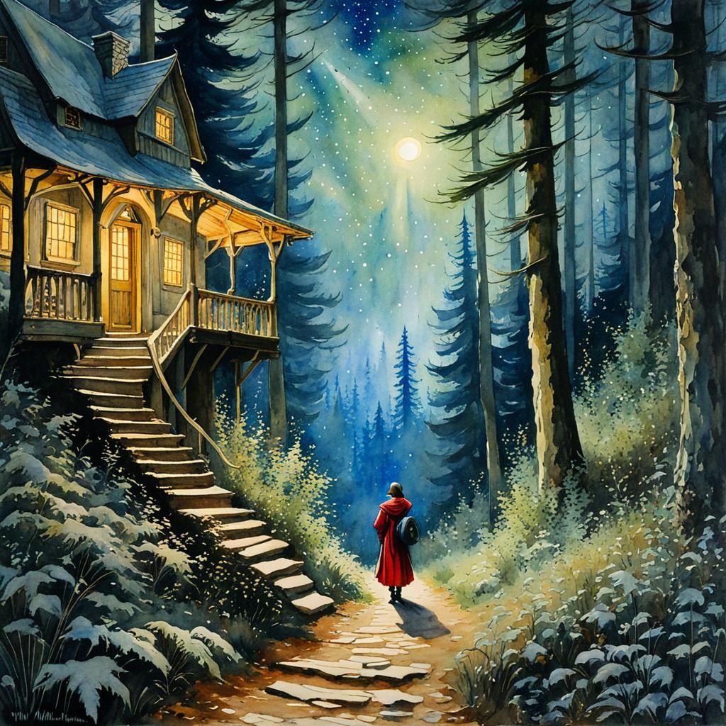 Medieval Traveler on Forest Trail in Watercolor Style