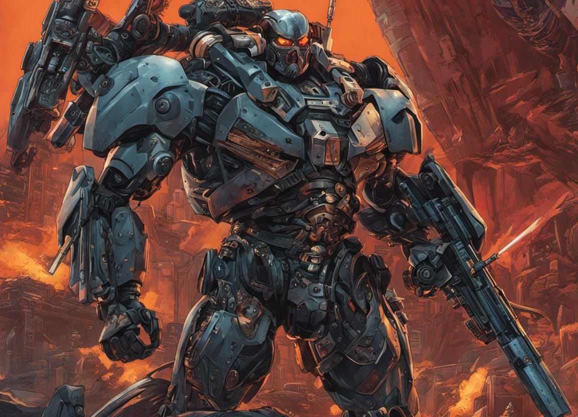 Voluptuous Cyborg with Raptor in Heavy Metal Style