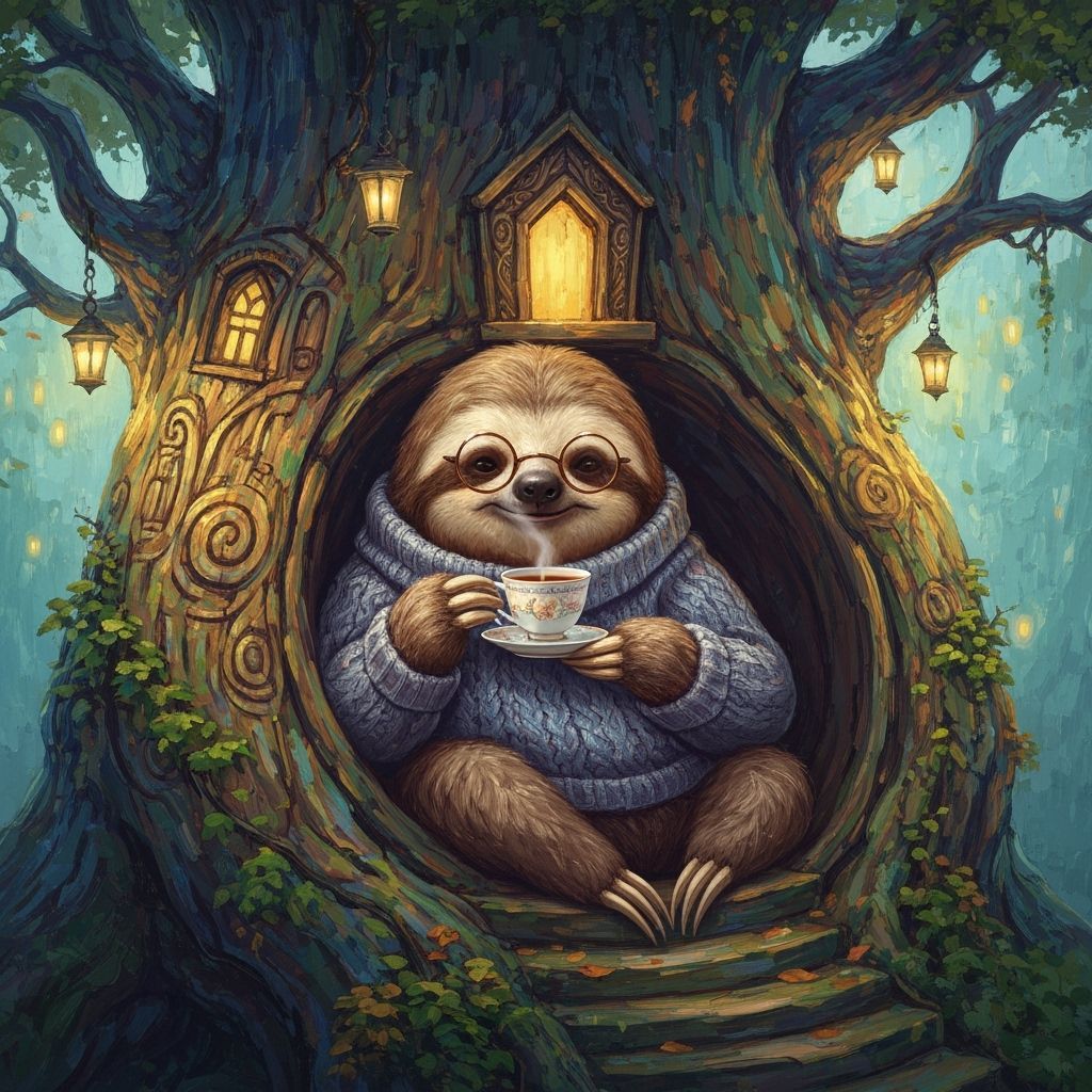 Cozy Sloth in Whimsical Treehouse, Neo-Impressionist Style