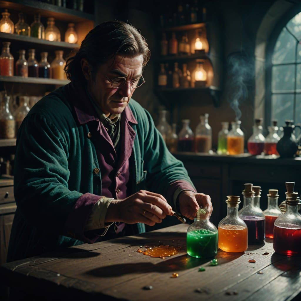 Potion Tester Examines Bubbling Concoction in Cinematic Film...