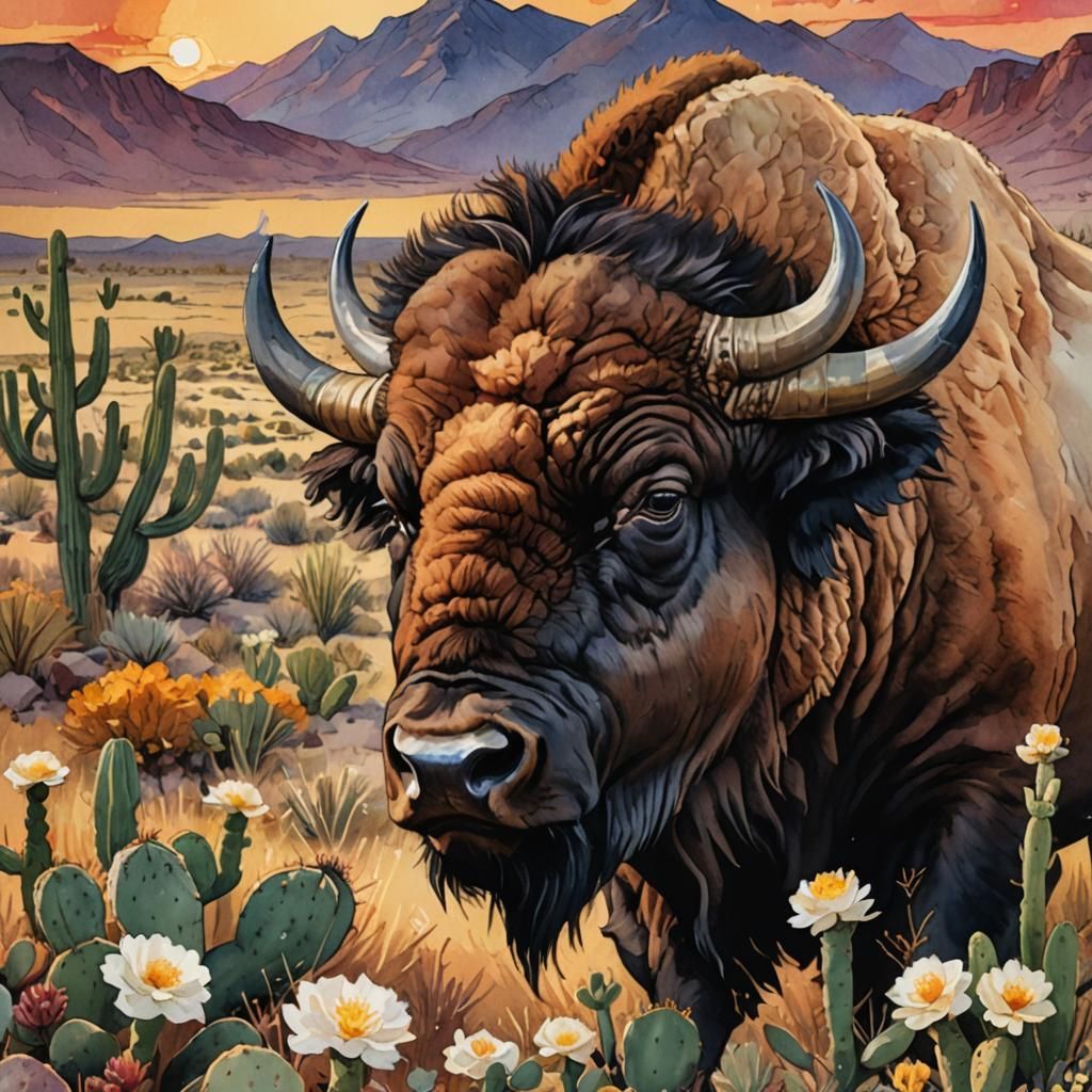 Bison in Desert: Pop Art Watercolor Painting