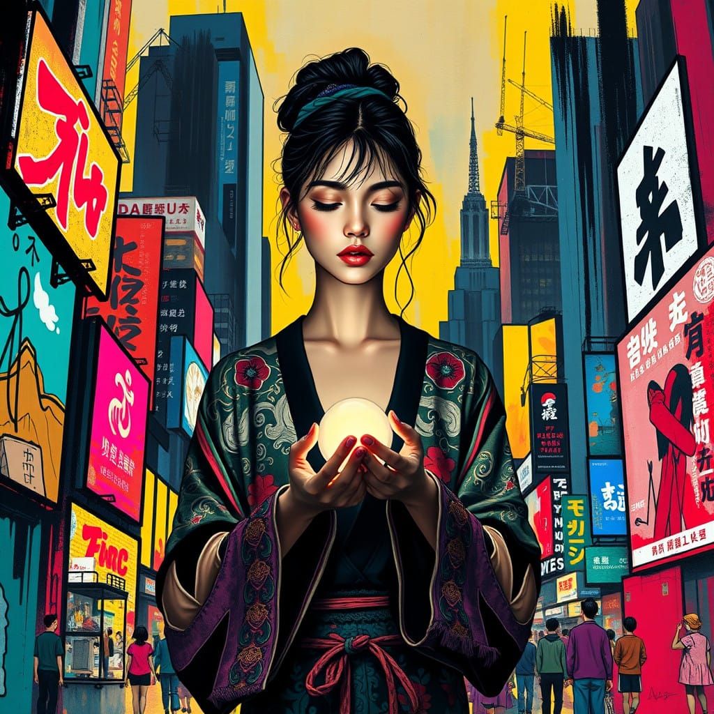 Woman Contemplates Knowledge in Abstract Basquiat-Inspired C...