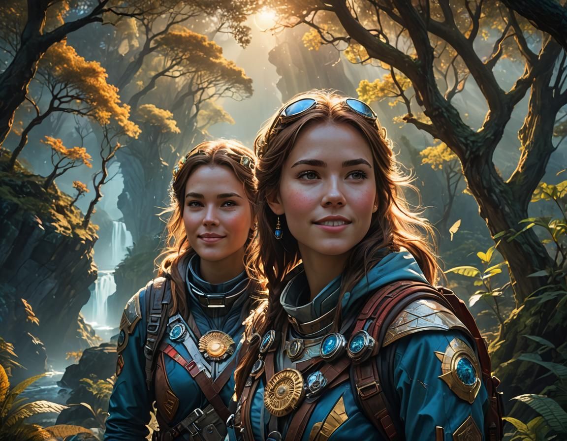 Sister Explorers in Mystical Landscape