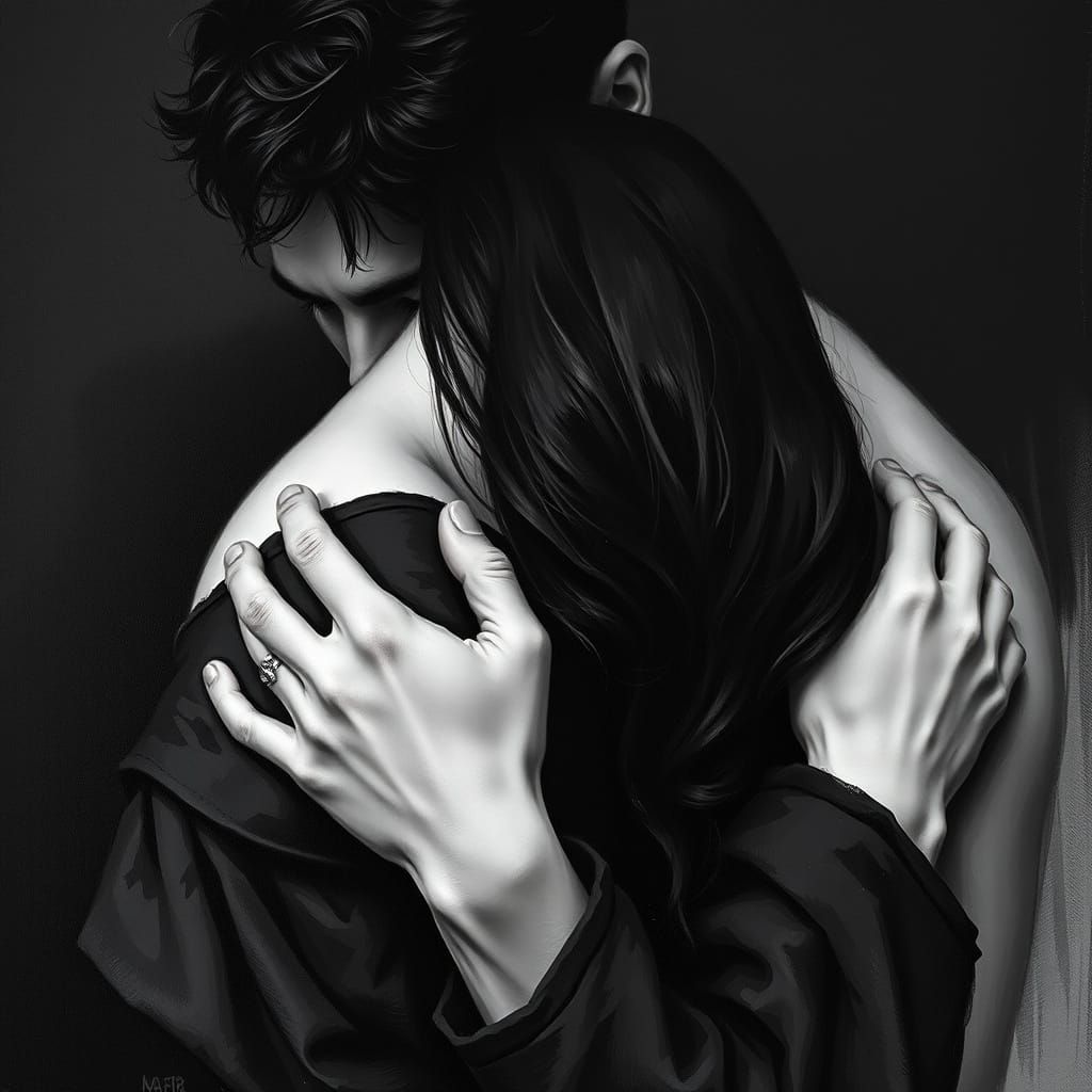 Intimate Embrace in a Dramatic Black and White Oil Painting
