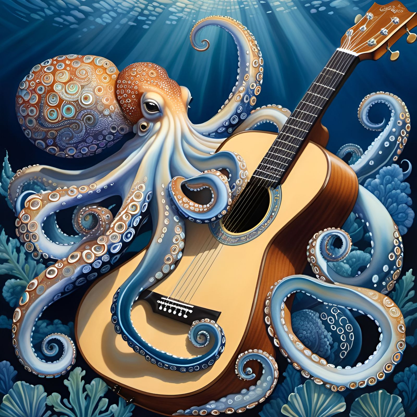 Majestic Octopus Plays Guitar in Translucent Gouache