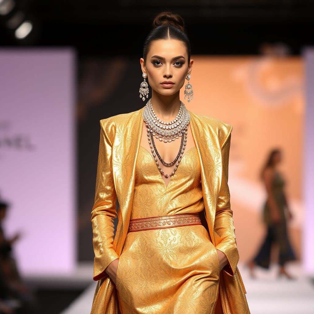 Elegant Model in Golden Outfit on Runway